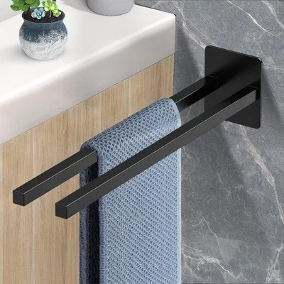 Produktbild von Handtuchhalter – Doppelstange – Badezimmerorganisation – Ohne Bohren – 39 cm – Schwarz