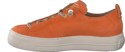 Side view of an orange sneaker with a white sole.
