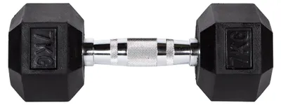 Produktbild von Hexagonale Gusseisen-Hantel mit Gummiummantelung und verchromtem Griff 7 kg