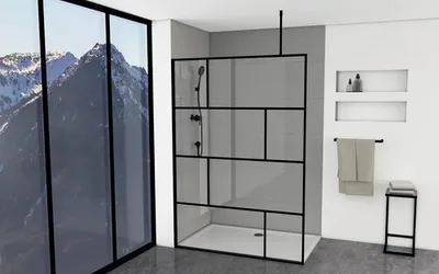 Obrázok produktu pre Sprchová zástena MARWELL v modernom dizajne 140 x 195 cm - sklenená deliaca stena s matným ?iernym stenovým profilom - s tvrdeným bezpe?nostným sklom