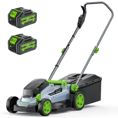 Immagine prodotto di Tagliaerba a batteria - 40 V - Larghezza di taglio di 33 cm - Motore brushless - 2 batterie da 4,0 Ah con caricabatterie - Contenitore di raccolta erba da 30 litri - Regolazione dell'altezza con 5 posizioni
