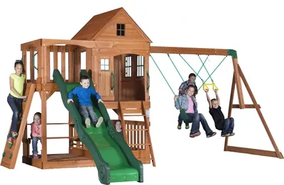 Immagine prodotto di Backyard Discovery Hill Crest Parco giochi | Incl altalene / scivolo / sabbiera / parete di arrampicata | Casetta con pavimento in legno per uso esterno in giardino