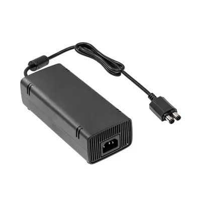 A black power adapter with a cord and connector, shown on a white background.