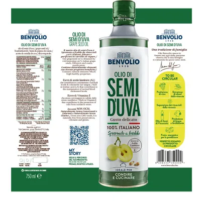 Produktbild von Benvolio 1938 Traubenkernöl 100% italienisch 750ml – Kaltgepresstes Vinaccioli Öl, reich an Omega 6 & Vitamin E, für Küche & Kosmetik