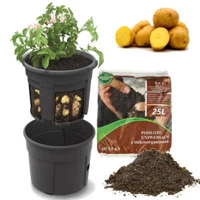 Obrázek produktu pro Sada květináč na brambory 28 l, květináč, vložka do květináče pro pěstování zeleniny + univerzální zemina 25 l 4 v 1 s mikroorganismy pro zeleninu