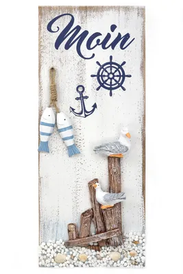 Produktbild von Maritime Wanddeko „Moin“ mit Möwen, Muscheln und Fischen aus Holz zum Aufhängen im Vintage/Retro Look, 40*20cm