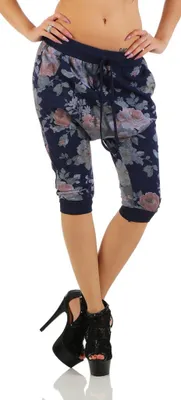 Produktbild von 136 Shirtella Damen Capri Hose Haremshose Ballonhose Pluderhose Pumphose Aladinhose Sommerhose Blumen Print floral baggy pants 3/4 Blau