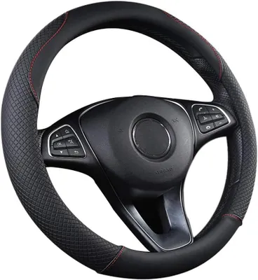 Produktbild von Auto Lenkradbezug, strapazierfähig, Echtleder, rutschfest, 38 cm, schwarz und rot, inkl. Auto-Mülleimer