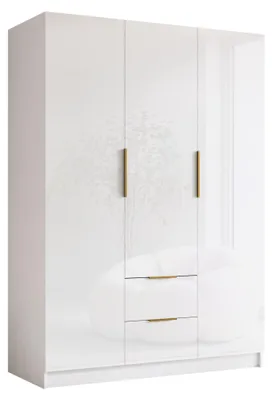 Produktbild von MIRJAN24 Kleiderschrank Calwi I 150, Schlafzimmer, Drehtürenschrank, mit Kleiderstange, Modern, Garderobenschrank, Metallgriffe (Farbe: Weiß / Weiß Hochglanz + Gold)