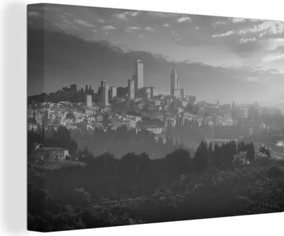 Produktbild von OneMillionCanvasses® - Leinwandbilder - 140x90 cm, Sonnenaufgang über San Gimignano in der Toskana in Italien - schwarz-weiß, Wandbilder Kunstdruck Wanddekoration