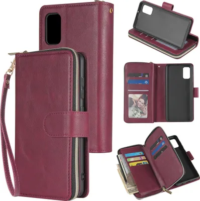 Produktbild von Für Samsung A01/A21/A31/A41/A51 Kunstleder Handyhülle Reißverschluss Tasche + Handschlaufe Rotwein