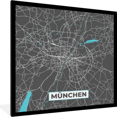 Produktbild von MuchoWow® Gerahmtes Poster München - Stadtplan - Blau - Karte - Deutschland 40x40 cm - Poster mit Schwarzem Bilderrahmen Wandposter Rahmen Foto Bilder - Mit Rahmen - Wanddekoration Schlafzimmer