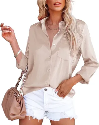 Obrázek produktu pro ASKSA Dámská saténová halenka Elegantní košile s výstřihem do V Knoflíky Příležitostné pracovní topy, meruňková, M