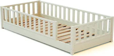 Image de JURABABY - Lit au sol enfant en bois SONHO - 90x190 - Blanc perle | Avec barrière amovible gauche ou droite | Lit enfant avec sommier