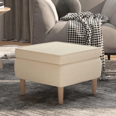 Image de Pouf rembourré de couleur crème, avec pieds en bois, idéal comme repose-pieds pour le salon, la chambre à coucher ou l'entrée