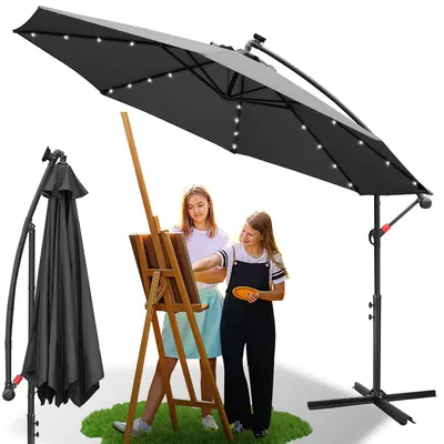 Image de Parasol avec éclairage LED Parasol déporté 300 cm Parasol de jardin avec 24 lampes LED Protection UV Parasol à manivelle Support Parasol de jardin Parasol de marché, gris