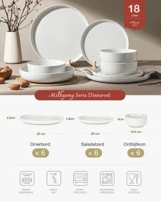 Imagen del producto de Juego de vajilla de 18 piezas, porcelana, para 6 personas, color blanco, ideal para la cocina