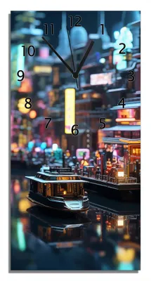 Produktbild von Wallario Design Wanduhr Stadt bei Nacht aus Echtglas, Größe 30 x 60 cm