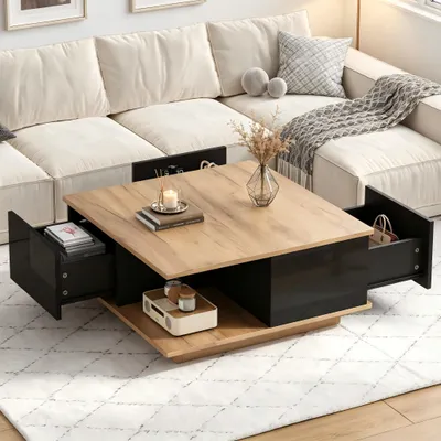 Produktbild von STILVORA Couchtisch mit 3 Schubladen, Sofatisch mit geometrischem Design, Wohnzimmertisch mit Hochglanz und Stauraum für kleine Räume