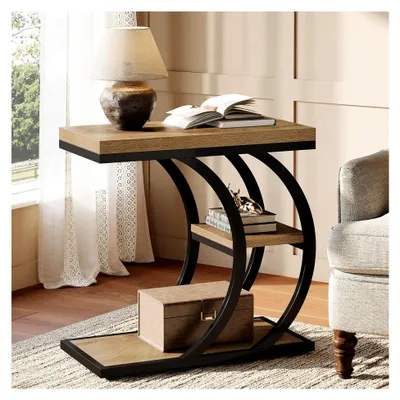 Produktbild von Beistelltisch mit 3 Ablagen, schmaler Nachttisch mit Stauraum, C-förmiger Sofatisch aus Holz, kleiner Tisch für Wohnzimmer, Schlafzimmer und kleine Räume, Natur