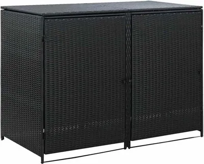 A black rattan-style storage box with two doors.