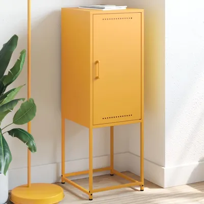 A yellow metal cabinet on a stand, next to a plant and a floor lamp.