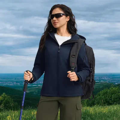 Produktbild von BUBW Damen Softshell Jacke mit Kapuze (dunkelblau M), wasserdicht winddicht, elastisch warm mit Kationengewebe für Outdoor Aktivitäten