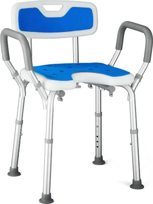 Produktbild von Duschstuhl U-förmiger mit Abnehmbarer Armlehnen und Rückenlehne, rutschfest Duschhocker 6-stufig Höhenverstellbarer Badhocker für Senioren Badsitz Badstuhl Anti-Rutsch Gummifüßen, bis 180kg