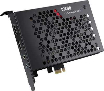 A black ezcap Live Gamer Raw PCIE capture card is shown against a white background.