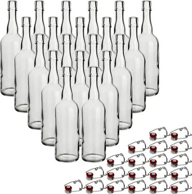 Produktbild von gouveo Bügelflasche Glas 750 ml mit Bügelverschluss, Rondo, ca. 8x32 cm (ØxH), ca. 600g, 20 Stück, rot-weiß, spülmaschinenfest, luftdicht, für Wasser, Limonade, Saft & Spirituosen