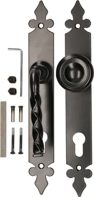 A set of door hardware, including a handle, knob, and mounting hardware, laid out on a white background.