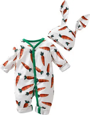 Produktbild von (90 Yards, Höhe 70 cm) Baby-Jungen-Mädchen-Osterhasen-Kostüm, Langarm-Karotten-Grafik, neugeborenes Baby-Karotten-Häschenohr-Kleidungsset