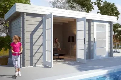 Produktbild von Alpholz Gartenhaus Modern-E aus Holz (Naturbelassen) mit 28 mm Wandstärke, 470 x 320 cm, Flachdach
