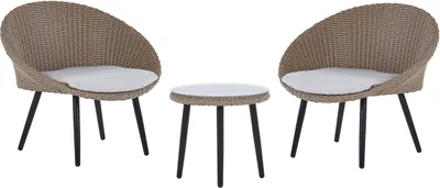 A set of outdoor furniture including two chairs and a small table, presented on a white background.