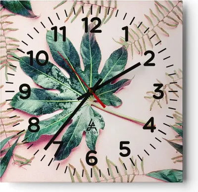 Produktbild von Wanduhr - Quadrat - Glasuhr - Blatt Tropisch Palme - 30x30cm - Schleichendes Uhrwerk - Lautlos - zum Aufhängen bereit - Dekoration Modern - Wanddekoration aus Glas - C4AC30x30-4314