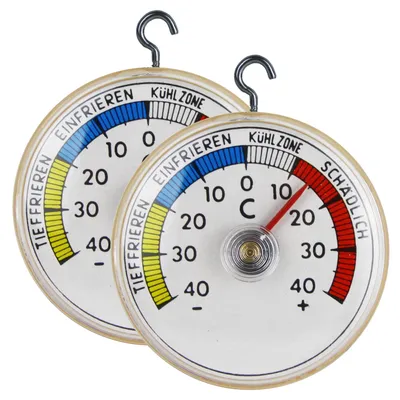 Produktbild von 2 Stück Kühlschrankthermometer Set mit Metallhaken zum aufhängen und Klebepad zum ankleben Kühlschrank Gefrierschrank Kühltheken Analog Thermometer