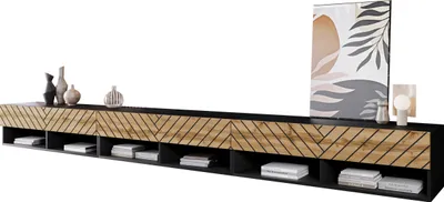 Produktbild von MIRJAN24 TV-Lowboard A300 MDF, TV-Tisch mit drei Klappen, Stehend / Hängend, Wohnzimmer (Farbe: Schwarzer Graphit / Wotan Fischgrät, mit weißer LED Beleuchtung)