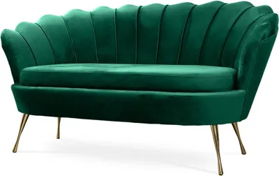 A green velvet sofa with gold metal legs is shown against a white background.