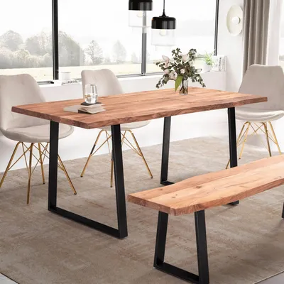 Immagine prodotto di FineBuy Tavolo da pranzo 200 cm rettangolare in legno massiccio di acacia con bordo ad albero - Tavolo da pranzo industriale in legno massiccio - Tavolo da cucina - Tavolo con bordo ad albero