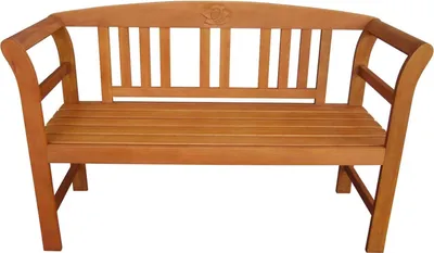 A wooden garden bench with a rose decoration on the backrest.