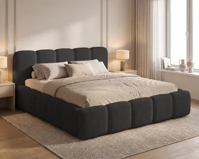 Image de Lit tapissé bouclé 160x200 Vorello avec coffre de rangement, matelas moelleux, design moderne - Noir