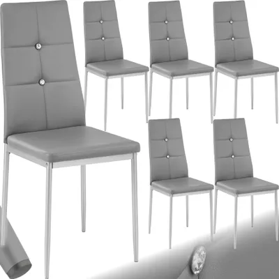 A set of six gray dining chairs arranged in two rows.