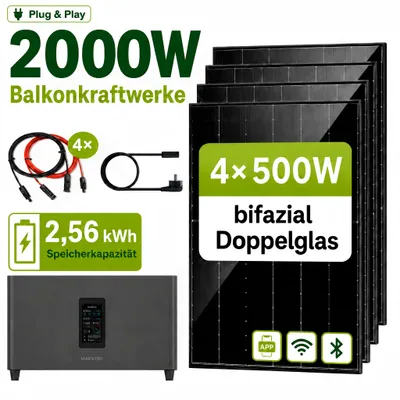 Produktbild von 2000W Balkonkraftwerk mit 2,56 kWh Speicher MARSTEK Jupiter C + Plus, 4x500W BIFAZIAL FULLBLACK Solarmodule Solaranlage Solarspeicher