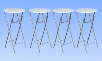 Four white bar stools with silver legs are arranged in a row against a light blue background.