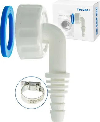 A white plastic hose connector with a blue gasket and a metal hose clamp, shown with a product box in the background.