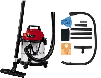 A wet and dry vacuum cleaner with its accessories laid out.