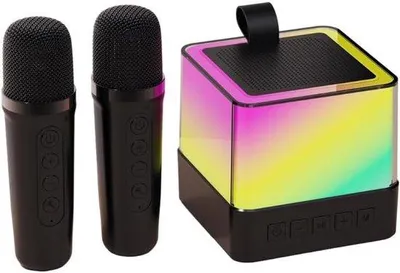 Zdjęcie produktu dla Mini zestaw do karaoke, 2 mikrofony ręczne z podświetleniem LED, przenośny głośnik Bluetooth, idealny na imprezy dla młodzieży, do biura, na zewnątrz, do domowego karaoke