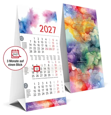 Produktbild von 3 Monatskalender 2027 Tischkalender zum Aufstellen - Datumsschieber, Kalenderwochen, Aquarell