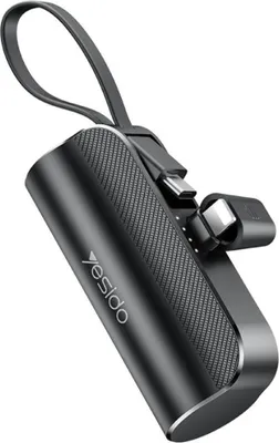 Produktbild von Yesido Ultra Mini Powerbank 5000 mAh mit USB-C-Kabel / Lightning-Stecker - Schwarz