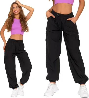 Obrázok produktu pre Moraj dámske cargo nohavice baggy nohavice padákové nohavice voľnočasové nohavice s vysokým pásom a elastickým pásom vintage streetwear 5400-001, čierna, M